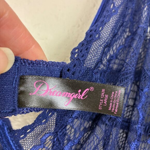 Dreamgirl Lace & Mesh Garter Slip Plunging Neckline Nocturnal Blue Sz Large - Picture 6 of 9